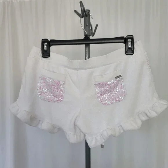 beach bunny rare white swim shorts cover up terry sequined pockets size L - Picture 2 of 5